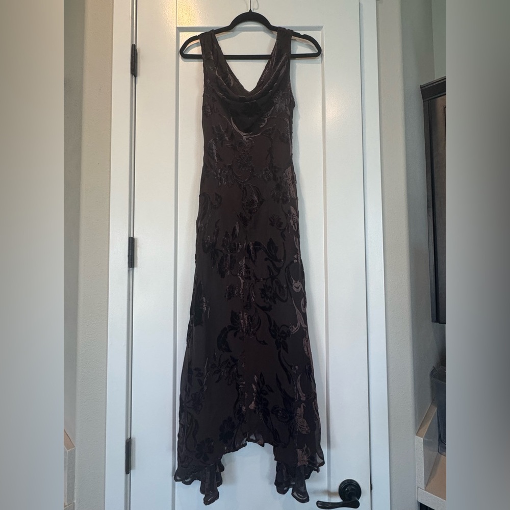 Robbie Bee Chocolate Brown Velvet Burnout Cowl Neck Maxi Dress